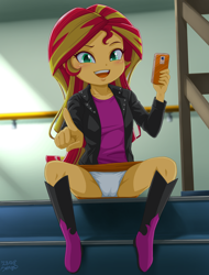 Size: 2661x3500 | Tagged: suggestive, artist:uotapo, age regression, banned from derpibooru, boots, cameltoe, cellphone, child, clothes, equestria girls, female, imported from twibooru, jacket, lolicon, panties, paywalled source, phone, pointing, shoes, sitting, skirt, smartphone, stairs, sunset shimmer, underage, underwear, upskirt, younger