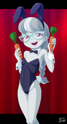 Size: 1912x3511 | Tagged: suggestive, artist:uotapo, silver spoon, banned from derpibooru, bunny ears, bunny suit, bunny tail, carrot, child, clothes, equestria girls, female, food, imported from twibooru, lolicon, paywalled source, playboy bunny, playboy bunny silver spoon, solo, underage, unitard
