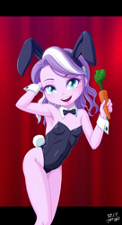 Size: 1912x3511 | Tagged: suggestive, artist:uotapo, diamond tiara, banned from derpibooru, bunny ears, bunny suit, bunny tail, carrot, child, clothes, equestria girls, female, food, imported from twibooru, lolicon, paywalled source, playboy bunny, playboy bunny diamond tiara, solo, underage, unitard