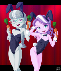 Size: 3000x3511 | Tagged: suggestive, artist:uotapo, diamond tiara, silver spoon, banned from derpibooru, bunny ears, bunny suit, bunny tail, carrot, child, clothes, equestria girls, female, food, imported from twibooru, lolicon, paywalled source, playboy bunny, playboy bunny diamond tiara, playboy bunny silver spoon, underage, unitard