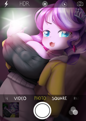 Size: 2894x4093 | Tagged: questionable, artist:pocket loli, diamond tiara, banned from derpibooru, blue eyes, breasts, busty diamond tiara, camera flash, cellphone, child, cleavage, clothes, dutch angle, ear piercing, earring, equestria girls, erect nipples, female, imported from twibooru, jacket, jewelry, lolicon, looking at you, nipple outline, oppai loli, phone, phone screen, piercing, selfie, skirt, smug, snaggletooth, solo, solo female, underage