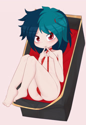Size: 2200x3200 | Tagged: questionable, artist:an-m, oc, oc:delta vee, banned from derpibooru, bikini, cameltoe, clothes, female, fingers together, high res, human, humanized, humanized oc, imported from twibooru, lolicon, looking at you, oc only, simple background, sitting, sling bikini, solo, solo female, swimsuit, underage, wavy mouth, white background
