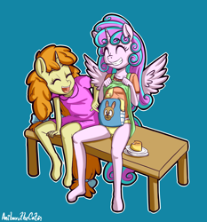 Size: 1780x1906 | Tagged: suggestive, artist:anibaruthecat, princess flurry heart, alicorn, anthro, banned from derpibooru, duo, female, hoof feet, imported from twibooru, laughing, lolicon, old art, outline, pumpkin cake, simple background, sitting, underage, unicorn