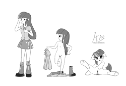 Size: 4000x2722 | Tagged: explicit, artist:andredrearts, twilight sparkle, age regression, banned from derpibooru, equestria girls outfit, female, filly twilight sparkle, high res, human, human to pony, imported from twibooru, lolicon, monochrome, nudity, pony, pubic hair, transformation, transformation sequence, underage, unicorn, vaginal secretions, vulva, younger