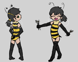 Size: 1450x1148 | Tagged: safe, artist:permpony, oc, oc:anonfilly, animal costume, banned from derpibooru, bedroom eyes, bee costume, clothes, costume, female, flower, gloves, human, humanized, imported from twibooru, leotard, lolicon, long gloves, long socks, oc only, smiling, solo, underage