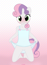 Size: 2021x2788 | Tagged: explicit, artist:tolpain, sweetie belle, abstract background, anthro, banned from derpibooru, blushing, clothes, commando, cute, female, imported from twibooru, lolicon, nightgown, nudity, smiling, underage, vulva