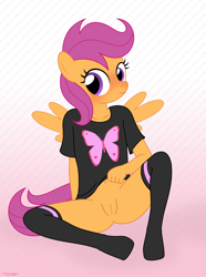 Size: 2070x2775 | Tagged: explicit, artist:tolpain, scootaloo, abstract background, anthro, banned from derpibooru, blushing, bottomless, butt, clothes, commando, cute, female, imported from twibooru, lolicon, nightgown, no panties, nudity, partial nudity, scootabutt, smiling, underage, vulva