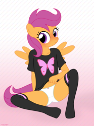 Size: 2070x2775 | Tagged: suggestive, artist:tolpain, scootaloo, abstract background, anthro, banned from derpibooru, blushing, clothes, cute, female, imported from twibooru, lolicon, nightgown, panties, smiling, underage, underwear, white underwear