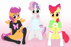 Size: 4611x3019 | Tagged: explicit, artist:tolpain, apple bloom, scootaloo, sweetie belle, abstract background, anthro, banned from derpibooru, belly button, bottomless, clothes, commando, cute, cutie mark crusaders, female, imported from twibooru, lolicon, looking at you, nightgown, no panties, nudity, partial nudity, see-through, skirt, smiling, socks, stockings, thigh highs, underage, upskirt, vulva