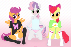 Size: 4611x3019 | Tagged: suggestive, artist:tolpain, apple bloom, scootaloo, sweetie belle, abstract background, anthro, banned from derpibooru, belly button, clothes, cute, cutie mark crusaders, female, frilly underwear, imported from twibooru, lolicon, looking at you, nightgown, panties, pink underwear, see-through, smiling, socks, stockings, thigh highs, underage, underwear, white panties, white underwear
