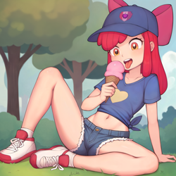 Size: 2500x2500 | Tagged: safe, apple bloom, ai assisted, ai content, baseball cap, belly button, blushing, bush, cap, clothes, cute, denim, denim shorts, female, hat, heart, human, humanized, ice cream cone, imported from twibooru, lolicon, outdoors, prompter:credus, shirt, shoes, shorts, side knot, sitting, sneakers, socks, solo, tongue out, tree, underage