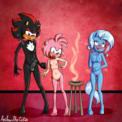 Size: 3500x3500 | Tagged: explicit, artist:anibaruthecat, alternate version, amy rose, anthro, aroused, balls, banned from derpibooru, blushing, breasts, commission, crossover, delicious flat chest, digitigrade anthro, female, imported from twibooru, lolicon, looking up, magic trick, nudity, penis, shadow the hedgehog, smoke, sonic the hedgehog (series), stool, trixie, underage, unicorn, vaginal secretions, younger