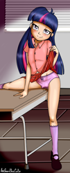 Size: 1492x3675 | Tagged: explicit, artist:anibaruthecat, twilight sparkle, banned from derpibooru, bedroom eyes, blinds, button-up shirt, child, clothes, commission, desk, eyebrows visible through hair, female, human, human coloration, humanized, imported from twibooru, leaning, lolicon, looking at you, mary janes, panties, shoes, skirt, skirt lift, smiling at you, socks, solo, table, underage, underwear, wet panties, younger
