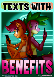 Size: 3720x5244 | Tagged: suggestive, artist:anibaruthecat, scootaloo, spike, comic:texts with benefits, anthro, banned from derpibooru, bedroom eyes, blushing, clothes, comic cover, dragon, female, folded wings, imported from twibooru, lolicon, looking at each other, looking back, looking back at each other, male, panties, pegasus, phone, profile, scootaspike, shipping, shotacon, sitting, smiling, straight, underage, underwear, wings