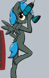 Size: 829x1315 | Tagged: explicit, artist:permpony, oc, oc:jade shine, anthro, banned from derpibooru, drill, female, hand on hip, imported from twibooru, lolicon, looking back, nudity, oc only, pegasus, pegasus oc, smiling, solo, strategically covered, tail, toolbox, underage, unguligrade anthro, wings