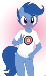 Size: 2010x3315 | Tagged: explicit, artist:tolpain, :p, anthro, archer (character), banned from derpibooru, bottomless, clothes, commando, female, imported from twibooru, lolicon, looking at you, nudity, partial nudity, peace sign, scootablue, shirt, t-shirt, tongue out, underage, vulva