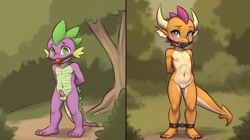 Size: 1782x1000 | Tagged: explicit, spike, ai content, ai generated, anthro, ballgag, banned from derpibooru, barefoot, bdsm, bondage, dragon, feet, female, forest, gag, imported from twibooru, lolicon, male, nature, nudity, outdoors, shotacon, slave, smolder, smoldersub, spikesub, tree, underage