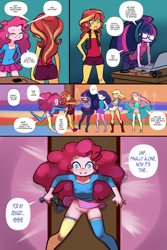 Size: 1560x2340 | Tagged: suggestive, artist:drantyno, applejack, fluttershy, pinkie pie, rarity, twilight sparkle, comic:equestria little girls calendar, banned from derpibooru, bottomless, censored, clothes, dialogue, equestria girls, female, imported from twibooru, lolicon, no panties, panties, panty shot, sci-twi, sunset shimmer, underage