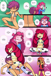 Size: 1560x2340 | Tagged: suggestive, artist:drantyno, apple bloom, pinkie pie, scootaloo, comic:equestria little girls calendar, banned from derpibooru, bikini, bloom butt, butt, cameltoe, clothes, cow bikini, dialogue, equestria girls, female, imported from twibooru, lolicon, modeling, photo shoot, scootabutt, sling bikini, stupid sexy apple bloom, stupid sexy scootaloo, sunset shimmer, swimsuit, tanned, underage