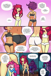 Size: 1560x2340 | Tagged: explicit, artist:drantyno, apple bloom, pinkie pie, scootaloo, comic:equestria little girls calendar, anus, banned from derpibooru, bloom butt, bra, butt, clothes, dialogue, equestria girls, female, imported from twibooru, lingerie, lolicon, nudity, panties, scootabutt, tanned, underage, underwear, undressing, vagina