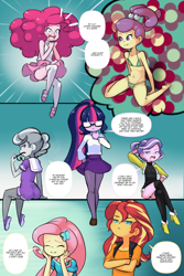 Size: 1560x2340 | Tagged: suggestive, artist:drantyno, diamond tiara, fluttershy, pinkie pie, silver spoon, twilight sparkle, comic:equestria little girls calendar, banned from derpibooru, bikini, butt, clothes, dialogue, equestria girls, female, imported from twibooru, lily pad (equestria girls), lilypie, lolicon, sci-twi, silverbutt, stupid sexy diamond tiara, stupid sexy lily pad, stupid sexy silver spoon, sunset shimmer, swimsuit, underage
