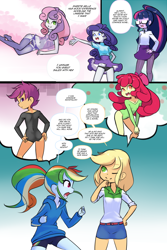 Size: 1560x2340 | Tagged: suggestive, artist:drantyno, apple bloom, applejack, rainbow dash, rarity, scootaloo, sweetie belle, twilight sparkle, comic:equestria little girls calendar, banned from derpibooru, butt, clothes, dialogue, equestria girls, female, garter belt, imported from twibooru, leotard, lingerie, lolicon, long socks, panties, panty shot, sci-twi, scootabutt, stupid sexy apple bloom, stupid sexy scootaloo, stupid sexy sweetie belle, underage