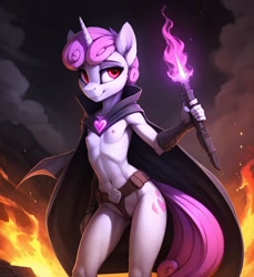 Size: 704x768 | Tagged: questionable, princess flurry heart, series:legion, ai content, ai generated, anthro, banned from derpibooru, cloak, clothes, fantasy, female, fire, imported from twibooru, lolicon, magic, panties, prompter:hellfire, thong, underage, underwear, warfare, wingless, younger