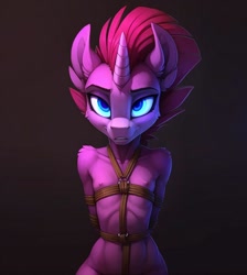 Size: 896x1000 | Tagged: questionable, tempest shadow, series:legion, ai content, ai generated, anthro, banned from derpibooru, belts, bondage, captured, female, imported from twibooru, lolicon, nudity, prompter:hellfire, underage, younger
