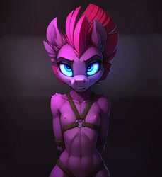 Size: 704x768 | Tagged: questionable, tempest shadow, series:legion, ai content, ai generated, anthro, banned from derpibooru, belts, bondage, captured, female, imported from twibooru, lolicon, missing horn, nudity, prompter:hellfire, underage, younger
