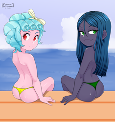 Size: 2500x2655 | Tagged: questionable, artist:oozutsucannon, queen chrysalis, banned from derpibooru, beach, bikini, child, clothes, cozy glow, equestria girls, equestria girls-ified, female, hair ribbon, imported from twibooru, lolicon, looking back, panties, partial nudity, sitting, smiling, smug, swimsuit, thong, topless, underage, underwear, young, younger