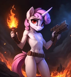 Size: 704x768 | Tagged: explicit, sweetie belle, series:legion, ai content, ai generated, anthro, banned from derpibooru, blaster, fantasy, female, fire, imported from twibooru, lolicon, nudity, prompter:hellfire, science fiction, underage, unicorn, war, weapon