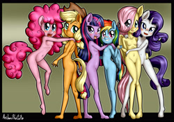 Size: 3600x2532 | Tagged: explicit, artist:anibaruthecat, applejack, fluttershy, pinkie pie, rainbow dash, rarity, twilight sparkle, anthro, ass, banned from derpibooru, butt, female, females only, holding hands, hug, imported from twibooru, lolicon, mane six, naked six, nipples, nudity, stupid sexy mane six, underage, vulva