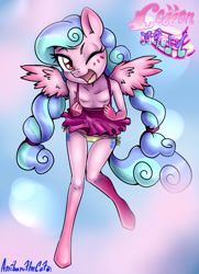 Size: 1741x2400 | Tagged: questionable, artist:anibaruthecat, oc, oc:cotton melody, anthro, banned from derpibooru, clothes, female, imported from twibooru, lolicon, nipples, nudity, oc only, one eye closed, panties, pegasus, pegasus oc, pink coat, skirt, sky, solo, underage, underwear, wings, wink