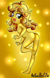 Size: 1078x1700 | Tagged: explicit, artist:anibaruthecat, sweetie belle, ass, banned from derpibooru, barefoot, butt, feet, female, gold, green eyes, human, humanized, imported from twibooru, lolicon, luster dust, nipples, nudity, one bad apple, one leg raised, smiling, solo, solo female, sweetie gold, underage, vulva