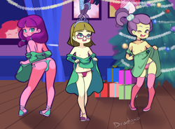 Size: 2893x2129 | Tagged: questionable, artist:drantyno, banned from derpibooru, child, christmas, clothes, equestria girls, female, holiday, imported from twibooru, lily longsocks, lily pad (equestria girls), lily pad (g4), lolicon, panties, partial nudity, thong, topless, underage, underwear, young, zippoorwhill