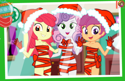 Size: 2400x1559 | Tagged: suggestive, artist:succubi samus, apple bloom, scootaloo, sweetie belle, banned from derpibooru, barely legal, bow, christmas, cute, cutie mark crusaders, edit, equestria girls, female, gift wrapped, hat, holiday, human, imported from twibooru, lolicon, photo, santa hat, show accurate, signature, smiling, underage
