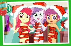 Size: 2400x1559 | Tagged: suggestive, artist:succubi samus, apple bloom, scootaloo, sweetie belle, banned from derpibooru, barely legal, bow, christmas, cute, cutie mark crusaders, edit, equestria girls, female, gift wrapped, hat, holiday, human, imported from twibooru, lolicon, photo, santa hat, show accurate, smiling, underage