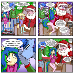 Size: 1920x1920 | Tagged: explicit, artist:anibaruthecat, oc, oc:bit crush, oc:ravebounce, anthro, banned from derpibooru, christmas, christmas tree, clothes, comic, dialogue, earth pony, erection, female, holiday, imported from twibooru, lolicon, male, nudity, oc only, penis, santa claus, sweat, tenting, tree, underage, young