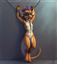 Size: 896x1000 | Tagged: explicit, semi-grimdark, ai content, ai generated, anthro, banned from derpibooru, bdsm, blindfold, bondage, chain, dragon, drool, female, imported from twibooru, lolicon, nudity, rope, slave, smolder, underage, vagina, vaginal secretions