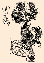 Size: 663x934 | Tagged: safe, artist:soulcentinel, pinkie pie, anthro, banned from derpibooru, basket, clothes, dialogue, doodle, female, goth, imported from twibooru, lips, lolicon, mascara, miniskirt, music notes, one eye closed, one leg raised, panties, side slit, simple background, skimpy outfit, skirt, solo, thong, underage, underwear, wink, younger