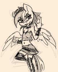 Size: 766x948 | Tagged: safe, artist:soulcentinel, rainbow dash, anthro, banned from derpibooru, belly button, choker, clothes, devil horn (gesture), doodle, female, goth, imported from twibooru, lolicon, midriff, one leg raised, pegasus, piercing, simple background, skirt, smiling, solo, spiked choker, tongue out, tongue piercing, underage, younger