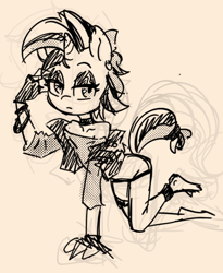 Size: 769x940 | Tagged: suggestive, artist:soulcentinel, rarity, all fours, alternate hairstyle, anthro, banned from derpibooru, bracelet, choker, clothes, doodle, ear piercing, exposed shoulders, female, goth, imported from twibooru, jewelry, lidded eyes, lolicon, mascara, panties, piercing, punk, raripunk, simple background, solo, thong, underage, underwear, unicorn, younger