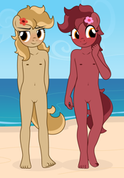 Size: 2268x3263 | Tagged: explicit, artist:tolpain, oc, oc:peanut toffy, oc:raspberry toffy, anthro, anthro oc, banned from derpibooru, barefoot, beach, belly button, blushing, breasts, cute, delicious flat chest, duo, duo female, earth pony, feet, female, females only, flower, flower in hair, fraternal twins, imported from twibooru, lolicon, nipples, nudity, oc only, outdoors, plantigrade anthro, siblings, sisters, small breasts, twin sisters, twins, underage, vulva