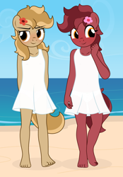 Size: 2268x3263 | Tagged: questionable, artist:tolpain, oc, oc:peanut toffy, oc:raspberry toffy, anthro, anthro oc, banned from derpibooru, barefoot, beach, belly button, blushing, clothes, cute, dress, duo, duo female, earth pony, feet, female, females only, flower, flower in hair, fraternal twins, imported from twibooru, lolicon, nipples, nudity, oc only, outdoors, panties, plantigrade anthro, see-through, siblings, sisters, sundress, twin sisters, twins, underage, underwear, white dress