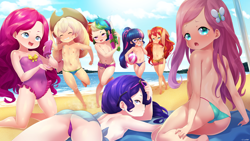 Size: 3840x2160 | Tagged: questionable, artist:born-to-die, applejack, fluttershy, pinkie pie, rainbow dash, rarity, twilight sparkle, banned from derpibooru, beach, beach babe, beach ball, beach towel, bikini, breasts, butt, clothes, delicious flat chest, female, females only, human, human coloration, humanized, imported from twibooru, lolicon, looking at you, lying down, mane six, nipples, nudity, one-piece swimsuit, partial nudity, sand, sexy, skirt, small breasts, stupid sexy fluttershy, stupid sexy mane six, stupid sexy pinkie, stupid sexy rainbow dash, stupid sexy rarity, stupid sexy sunset shimmer, stupid sexy twilight, summer, sunglasses, sunscreen, sunset shimmer, swimsuit, topless, towel, underage, water, watergun