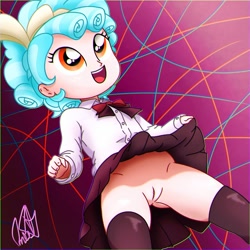 Size: 1280x1280 | Tagged: explicit, artist:orange becrux, banned from derpibooru, blue hair, bottomless, clear skin, clothes, cozy glow, cozybetes, cute, dead source, equestria girls, female, grin, imported from twibooru, little girl, lolicon, no panties, partial nudity, season 8, season 9, skirt, skirt lift, smiling, solo, solo female, student, thighs, underage, uniform, vagina, vulva