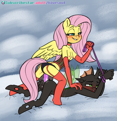 Size: 1931x2003 | Tagged: explicit, artist:soulcentinel, fluttershy, oc, oc:vesairus, anal insertion, anthro, banned from derpibooru, clothes, corset, domination, dominatrix, female, female on male, femdom, gloves, human, humanized, imported from twibooru, insertion, interspecies, lolicon, male, partial nudity, pegasus, pegging, sex, sex toy, shotacon, straight, strapon, topless, underage, younger