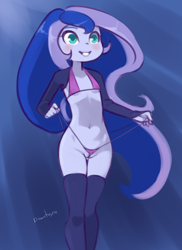Size: 1381x1900 | Tagged: explicit, artist:drantyno, princess luna, banned from derpibooru, belly button, bikini, clothes, equestria girls, female, human, imported from twibooru, lolicon, long hair, smiling, socks, string bikini, swimsuit, thigh highs, underage, vice principal luna
