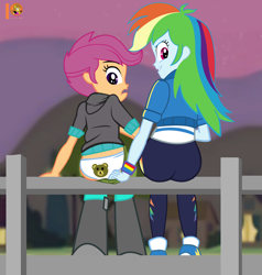 Size: 2500x2630 | Tagged: suggestive, artist:succubi samus, rainbow dash, scootaloo, alternate version, assisted exposure, banned from derpibooru, butt, clothes, equestria girls, female, imported from twibooru, lolicon, panties, pants, pants down, part of a set, rainbow dash's better together outfit, rainbutt dash, scootabutt, show accurate, signature, surprised, tomboy, underage, underwear