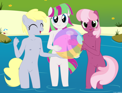 Size: 3839x2910 | Tagged: explicit, artist:deserter, artist:tolpain, anthro, banned from derpibooru, beach, beach ball, belly button, blossomforth, breasts, casual nudity, cheerilee, clothes, delicious flat chest, derpy hooves, female, food, imported from twibooru, lolicon, looking at you, muffin, nipples, nudity, panties, skinny dipping, small breasts, smiling, underage, underwear, vulva, younger
